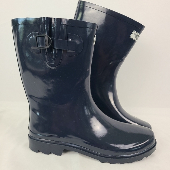 NEW Forever Young Women's Blue Rubber Rain Boots Mid-Calf 11" Pull-On Waterproof - Picture 1 of 9
